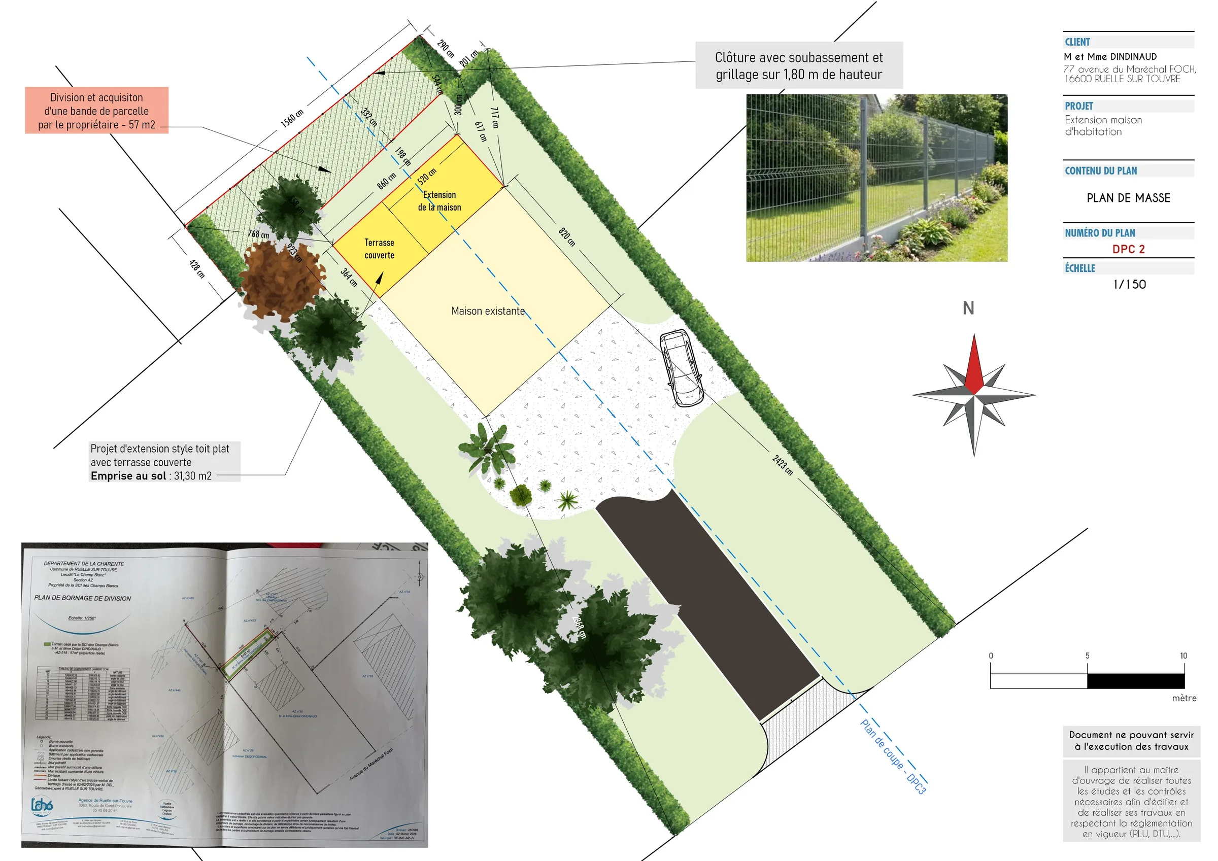 Plan de masse d'une extension de maison avec terrasse couverte, extrait d'un dossier de déclaration préalable